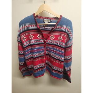 Ruff Hewn Womens Medium Red Blue Striped Geometric Fair Isle Knit Cardigan